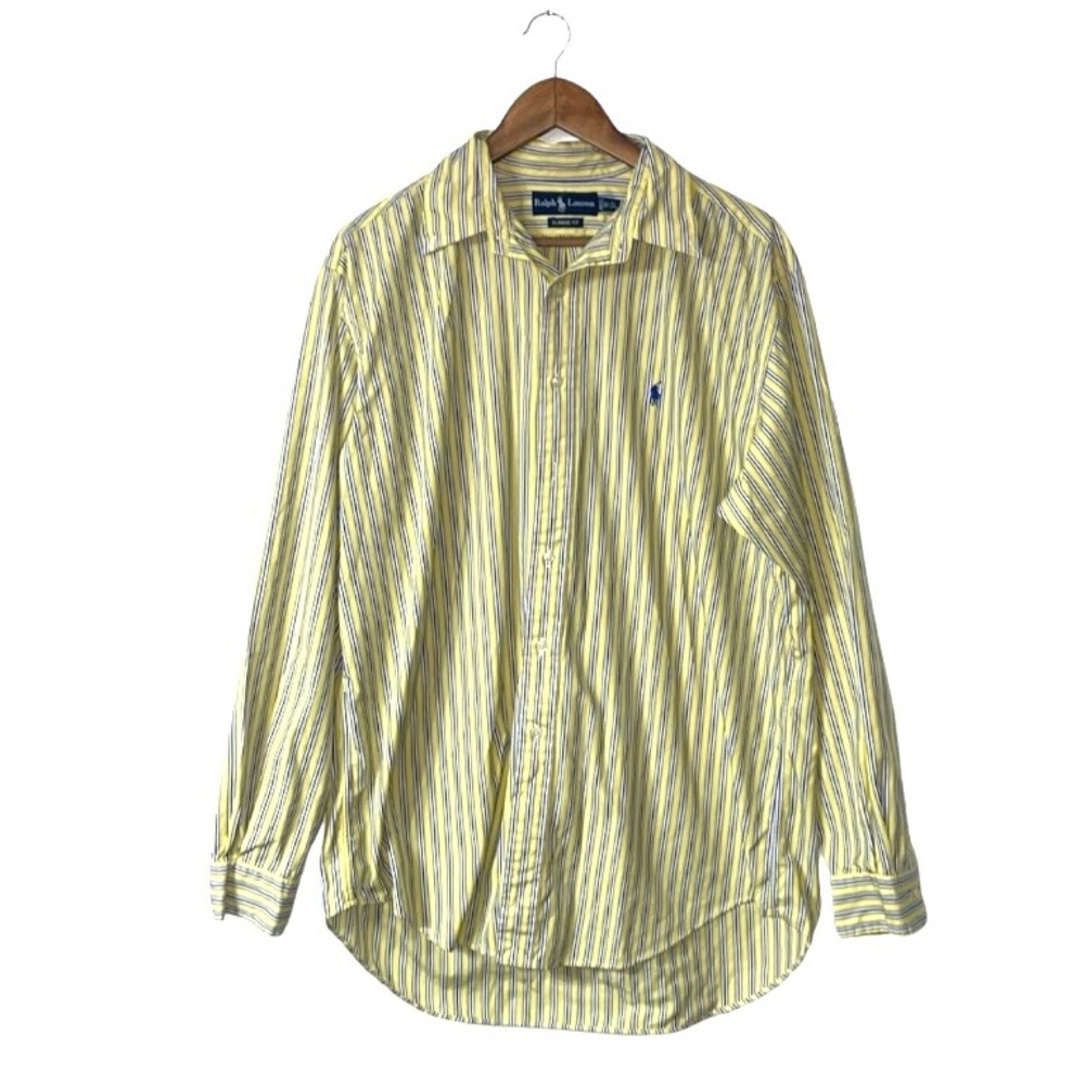 Ralph Lauren Butter Yellow Blue Stripe Button Down Dress Shirt Long Sleeve 16.5